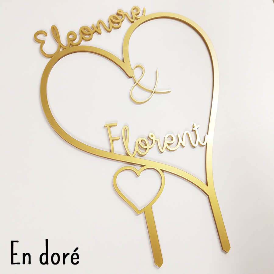 Cake topper mariage personnalisé acrylique Prénoms Coeur rouge